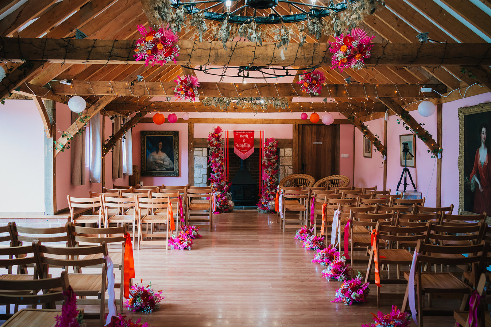 Photos from a colourful pink and orange glitter ball wedding near Westbury by Becky Weir Photography