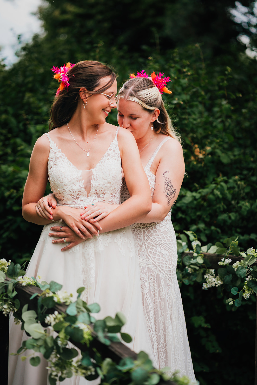 Photos from a colourful pink and orange glitter ball wedding near Westbury by Becky Weir Photography