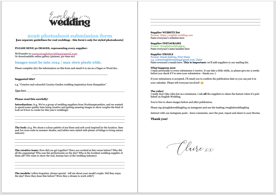 Styled photoshoot editorial submission form for English Wedding 2026