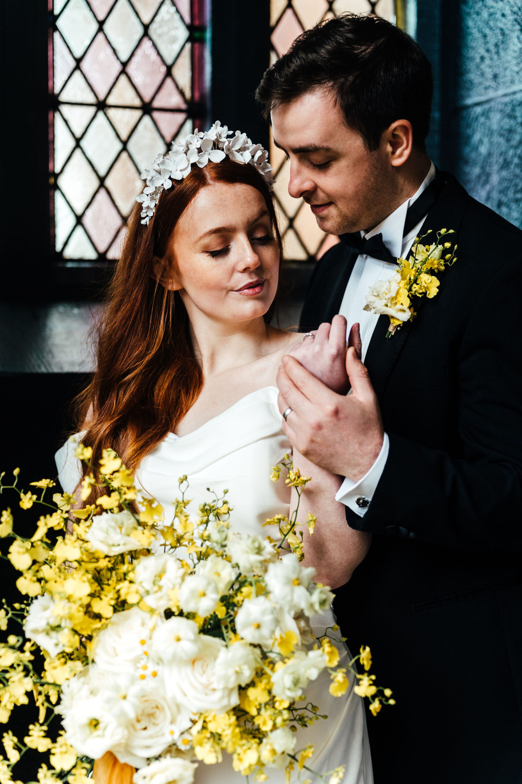 Styled wedding editorial from The Old Church Ayrshire with yellow flowers and olive branch styling, photographed by Hannah Hall Photography