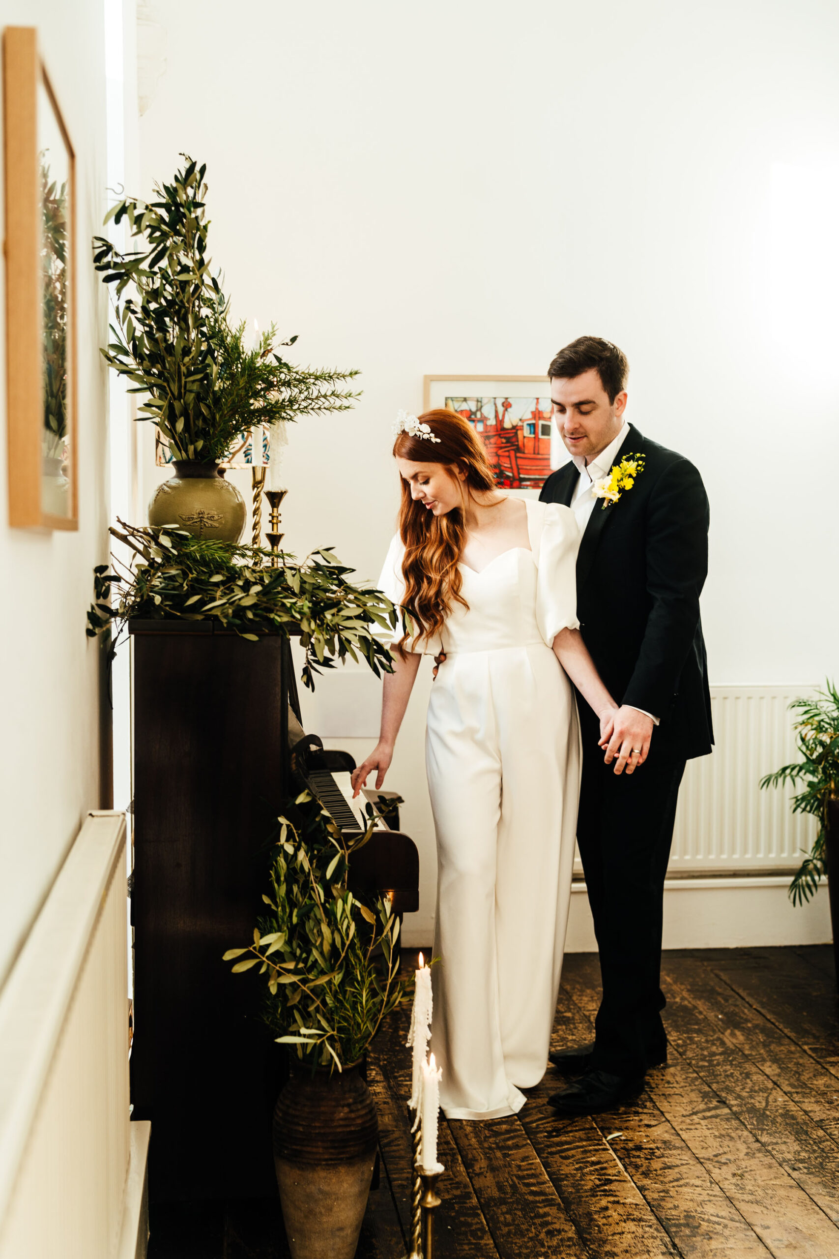 Styled wedding editorial from The Old Church Ayrshire with yellow flowers and olive branch styling, photographed by Hannah Hall Photography