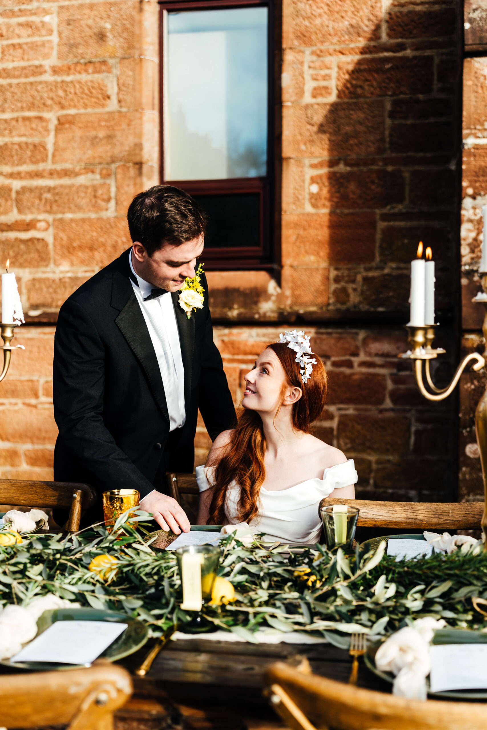 Styled wedding editorial from The Old Church Ayrshire with yellow flowers and olive branch styling, photographed by Hannah Hall Photography