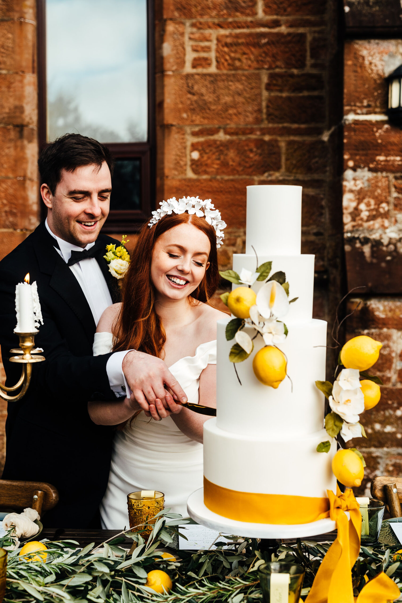 Styled wedding editorial from The Old Church Ayrshire with yellow flowers and olive branch styling, photographed by Hannah Hall Photography