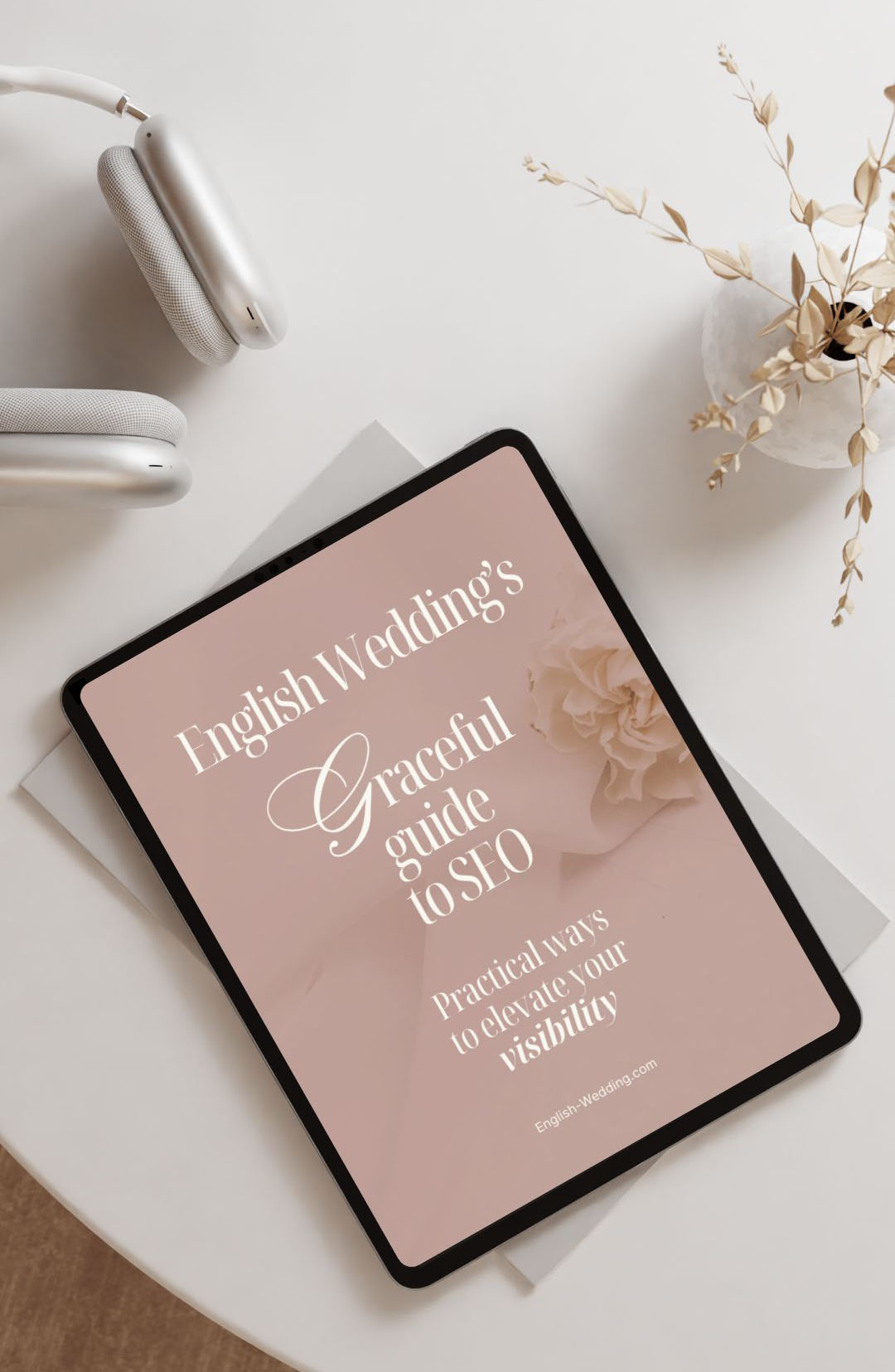 iPad on a table showing a guide to SEO for wedding businesses by English Wedding