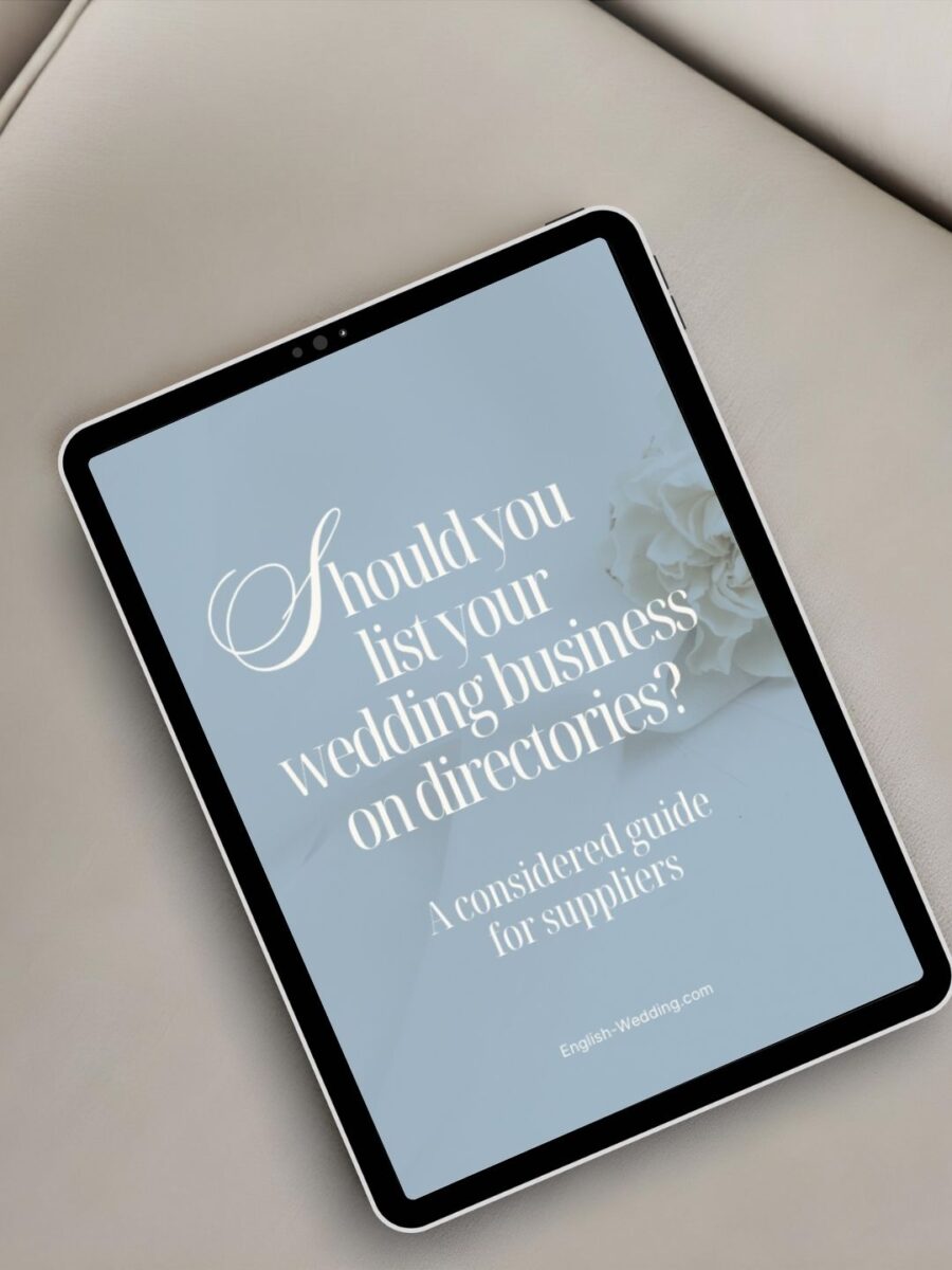 iPad screen showing the front cover of a guide about wedding directories