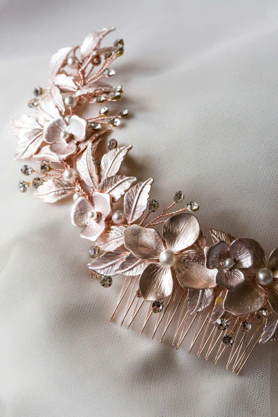 Soft, dusky pink rose gold bridal hair comb with pearls and crystals by Emma Rose Treasures UK