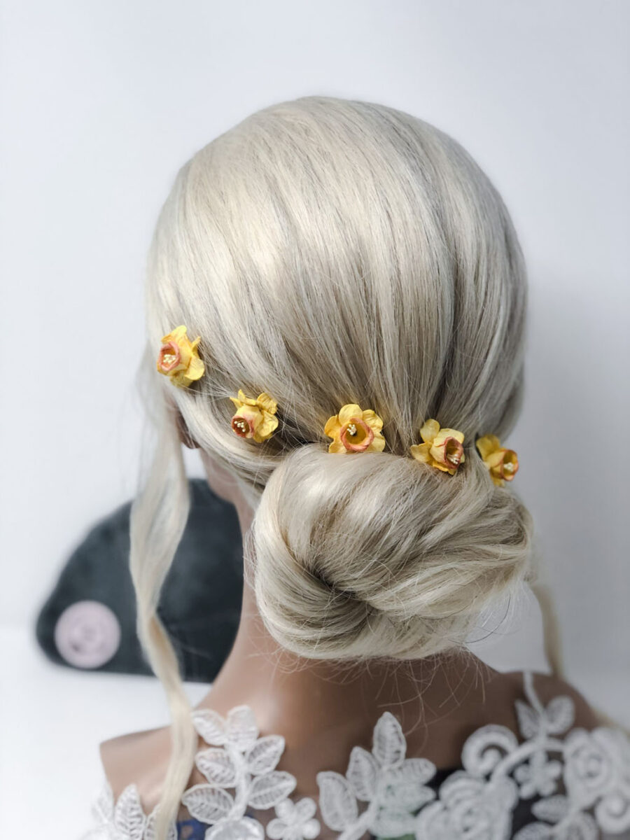 Pretty and unique daffodil hair pin accessories for spring weddings by Emma Rose Treasures UK