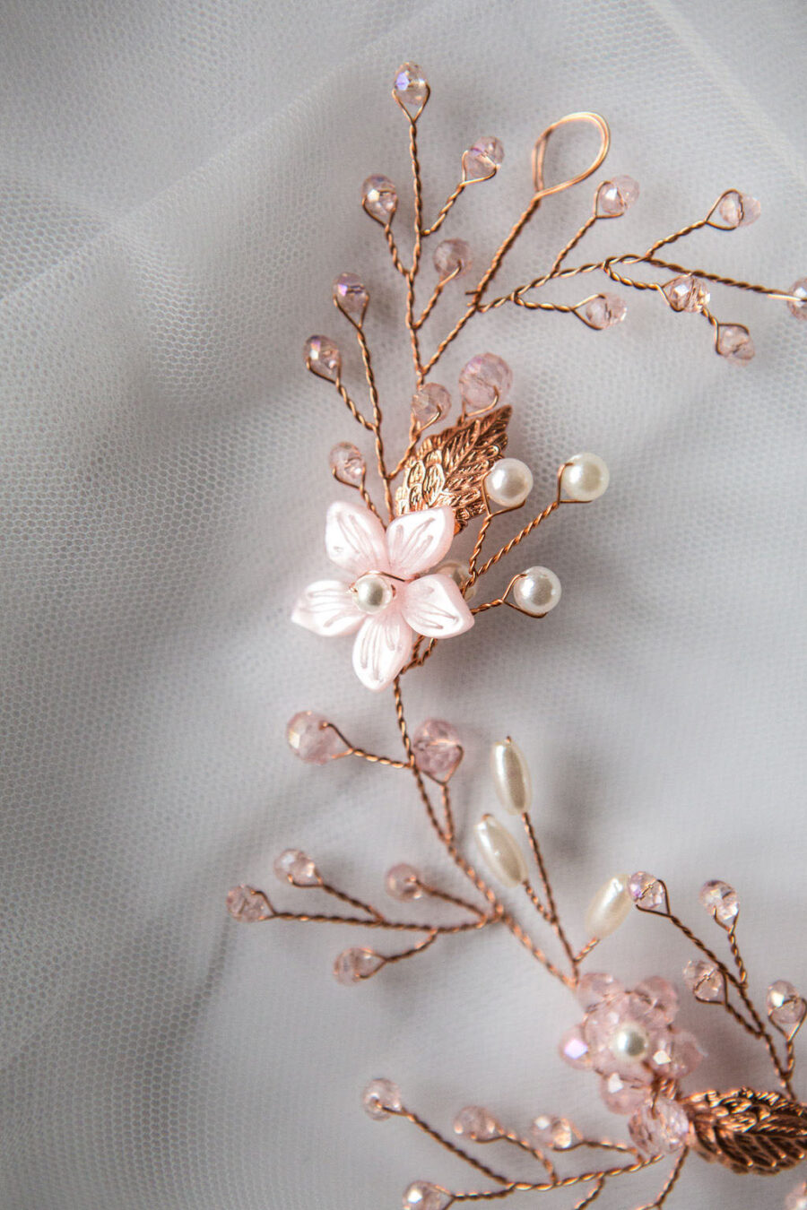 Handcrafted rose gold wire hair vine with pearls and beads by Emma Rose Treasures UK