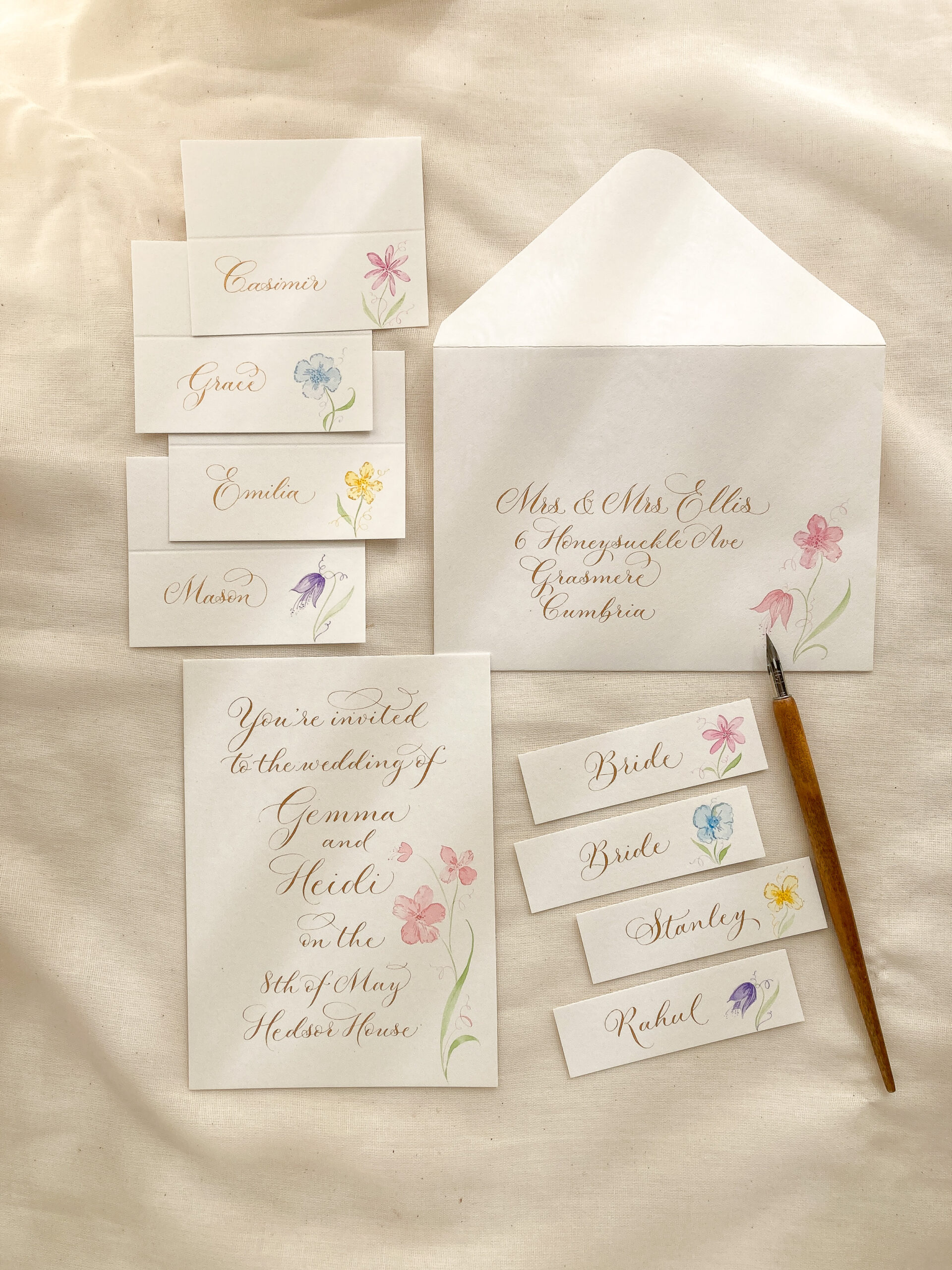 wedding stationery suite with handwritten calligraphy and watercolour flowers by Claire at By Moon & Tide Calligraphy | North west England UK