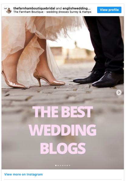 Instagram post by The Farnham Boutique about the best wedding blogs in 2026