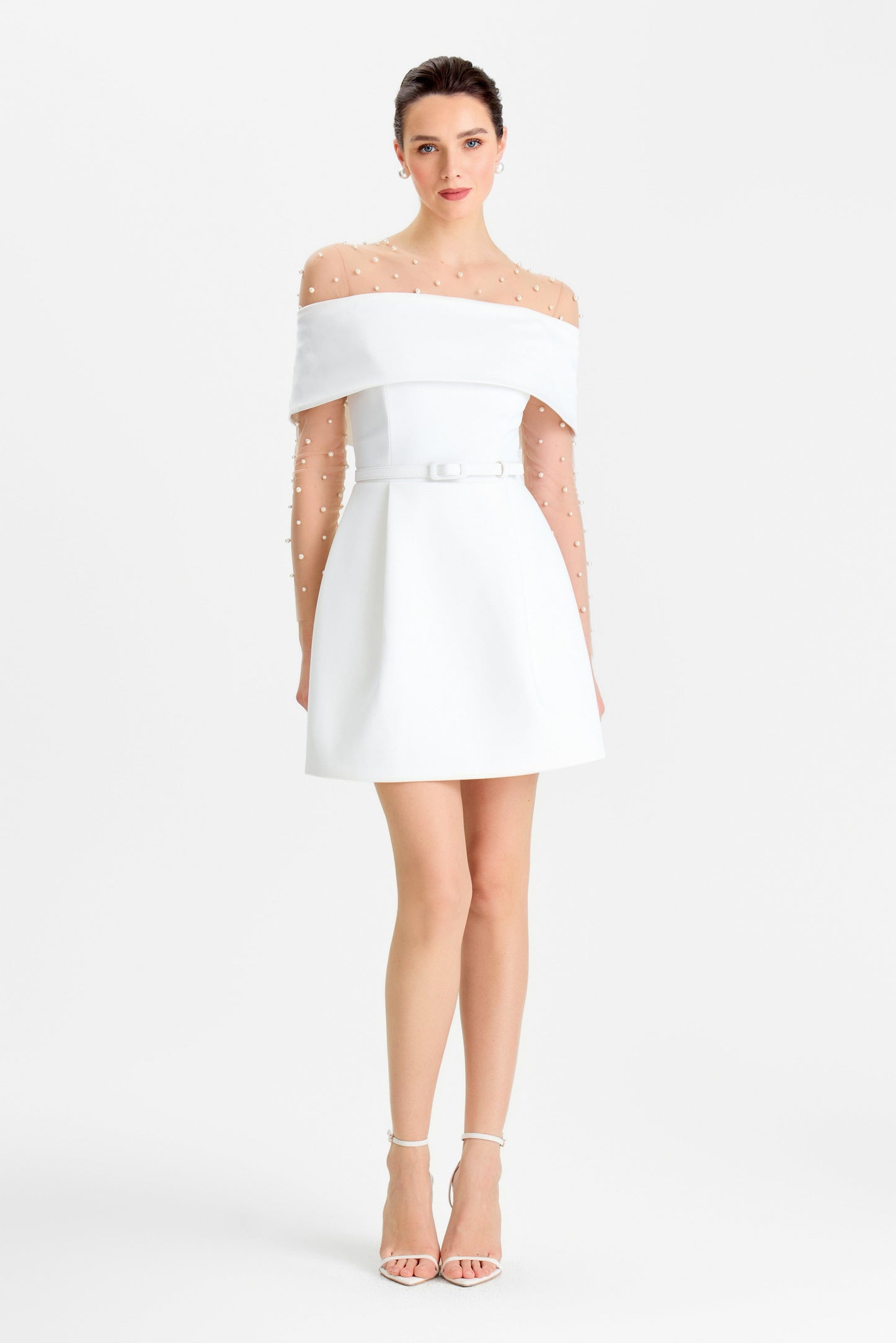 Bardot shoulder mini bridal dress by Nadine Merabi