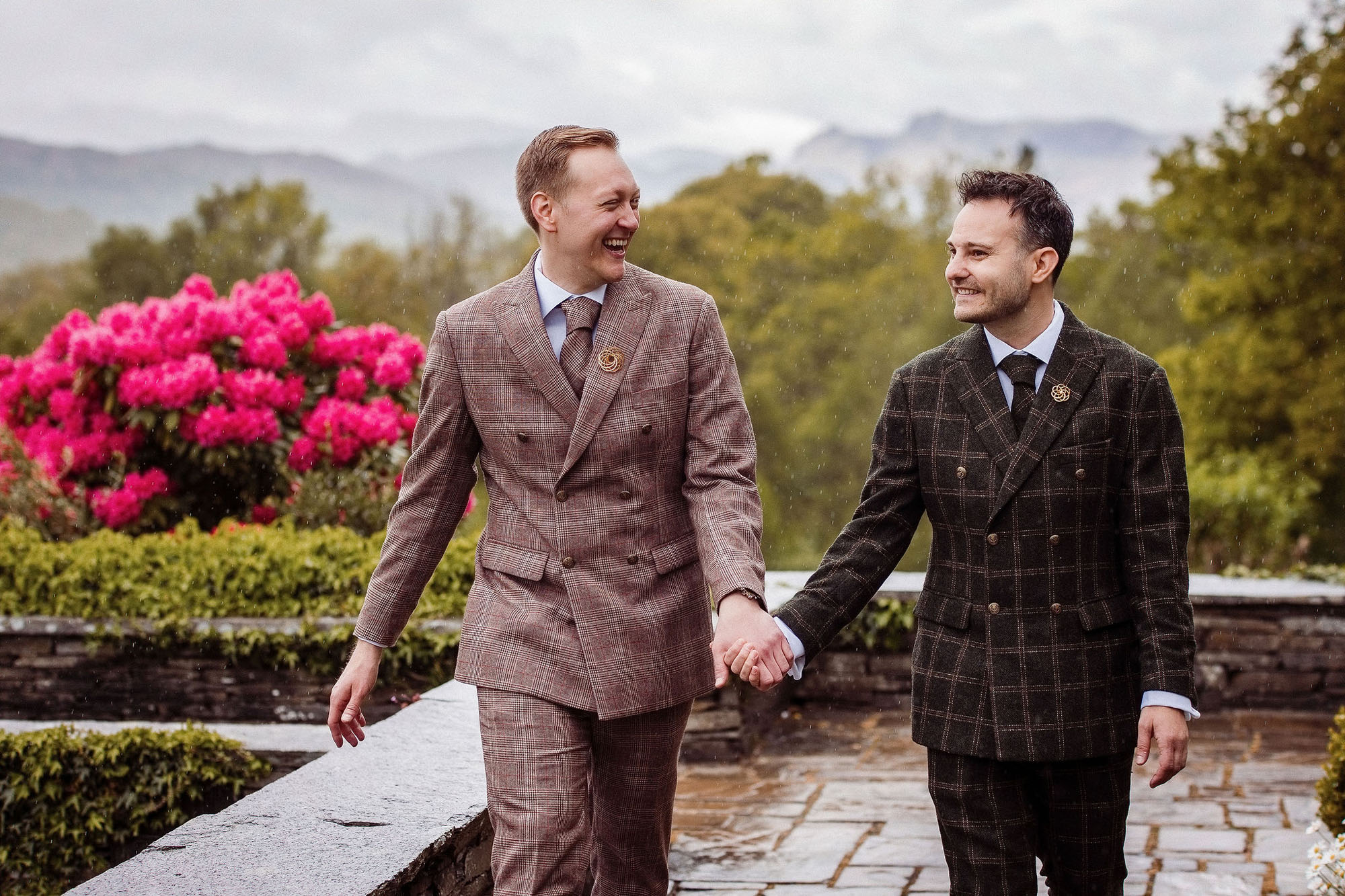 Bespoke suits altered by Hassan at Express Alterations Michigan, worn by 2 grooms in the English Lake District