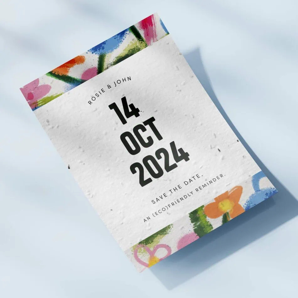 Colourful wedding Save the Date card on textured seed paper with bold type | by SeedPrint UK