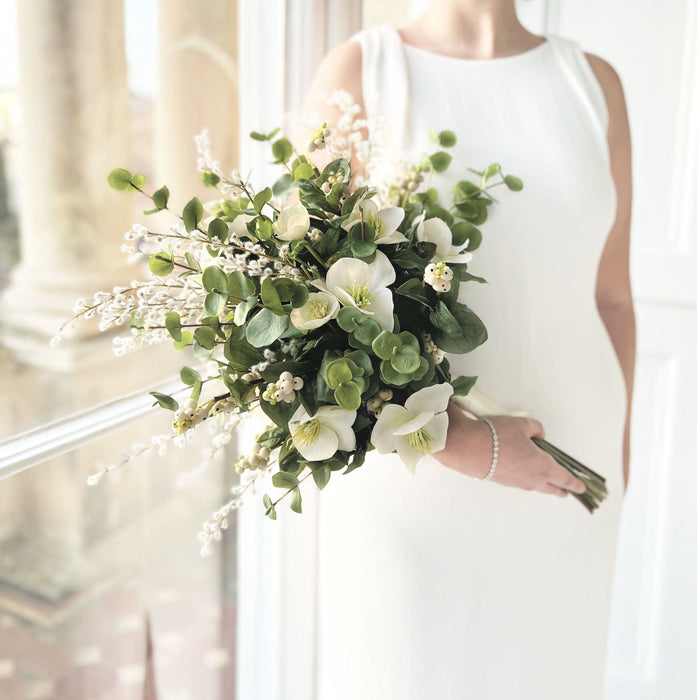 Artificial flower wedding bouquet with hellebores and eucalyptus | The Faux Flower Company