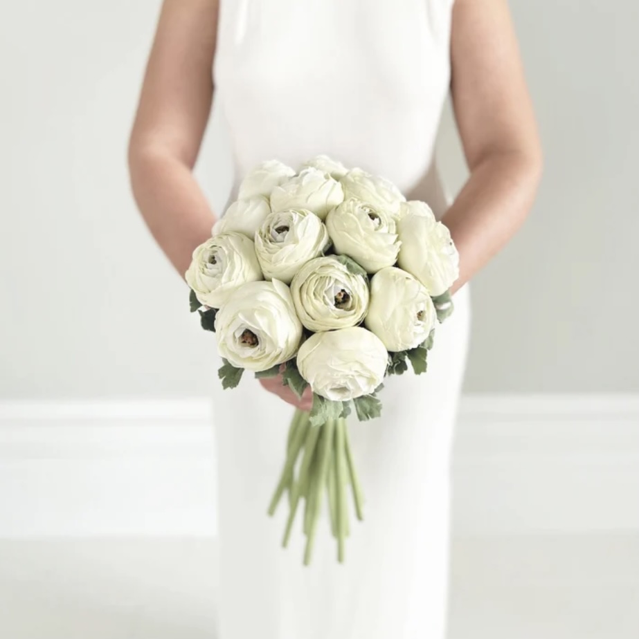 White artificial ranunculus bouquet | The Faux Flower Company wedding arrangements