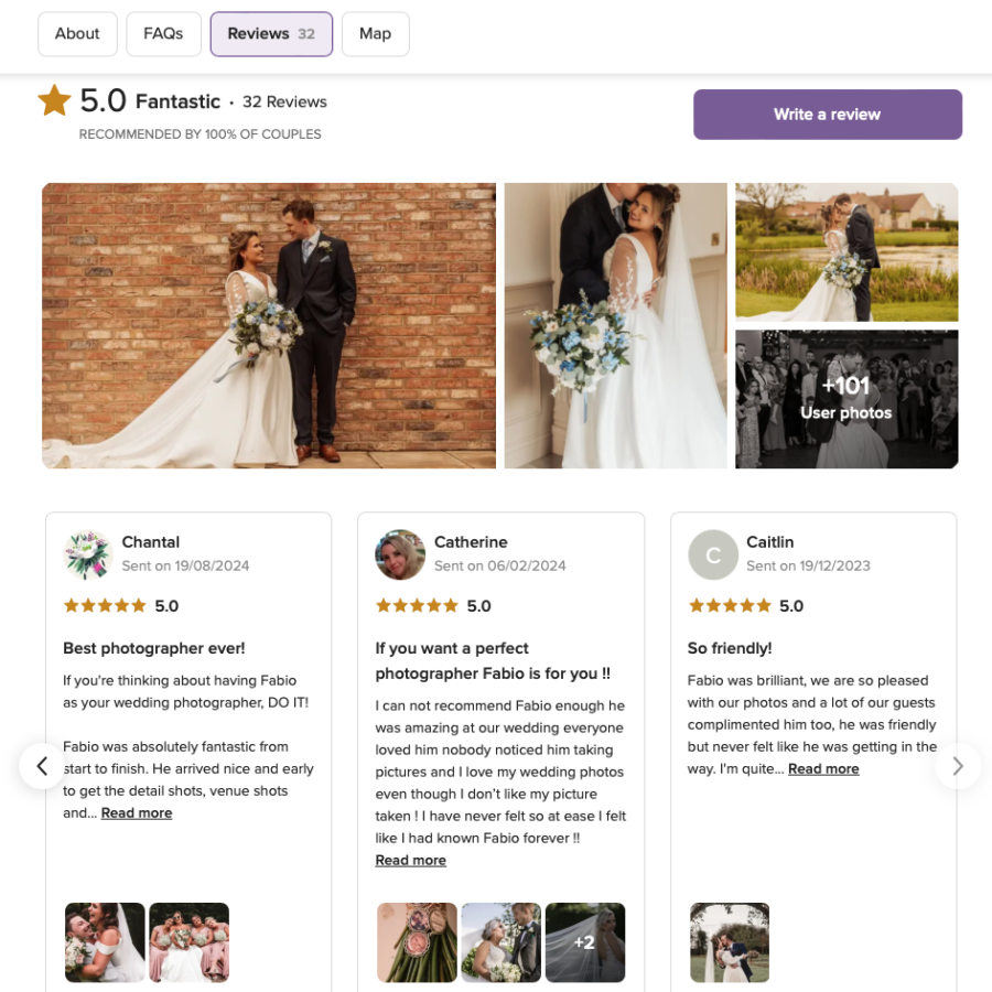 Screenshot from Hitched wedding platform showing five star reviews for Yorkshire wedding photographer Fabio Photography