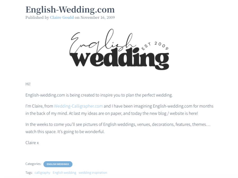the very first blog post on English Wedding - screenshot