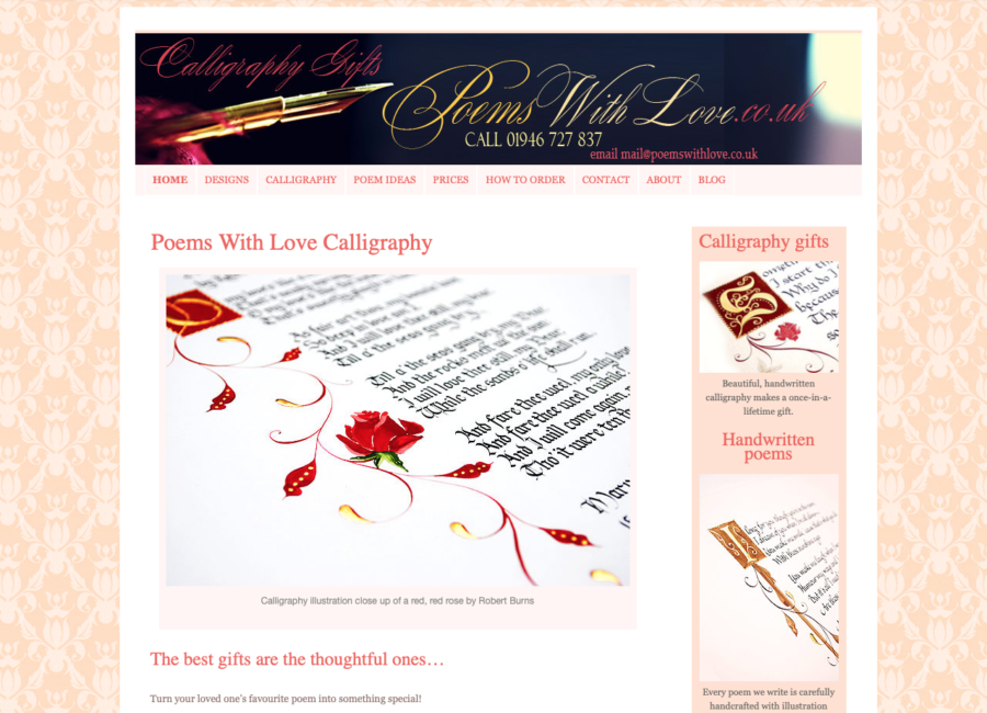 Screenshot of Poems With Love calligraphy website from 2012