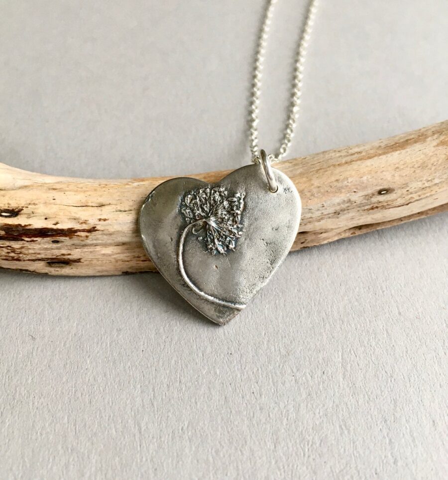 silver pendant necklace with cow parsley raised print