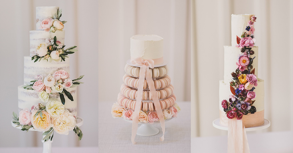 Three tiered wedding cakes, one with pastel flowers, one with macarons and one with dried flowers, by Scrumptious Bakes by Emma
