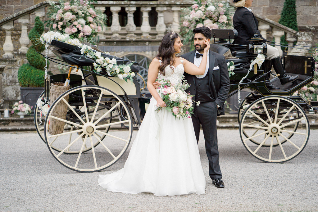horse and carriage, classic bride and groom styling at Clearwell Castle, credit Sara Cooper Photography on English Wedding