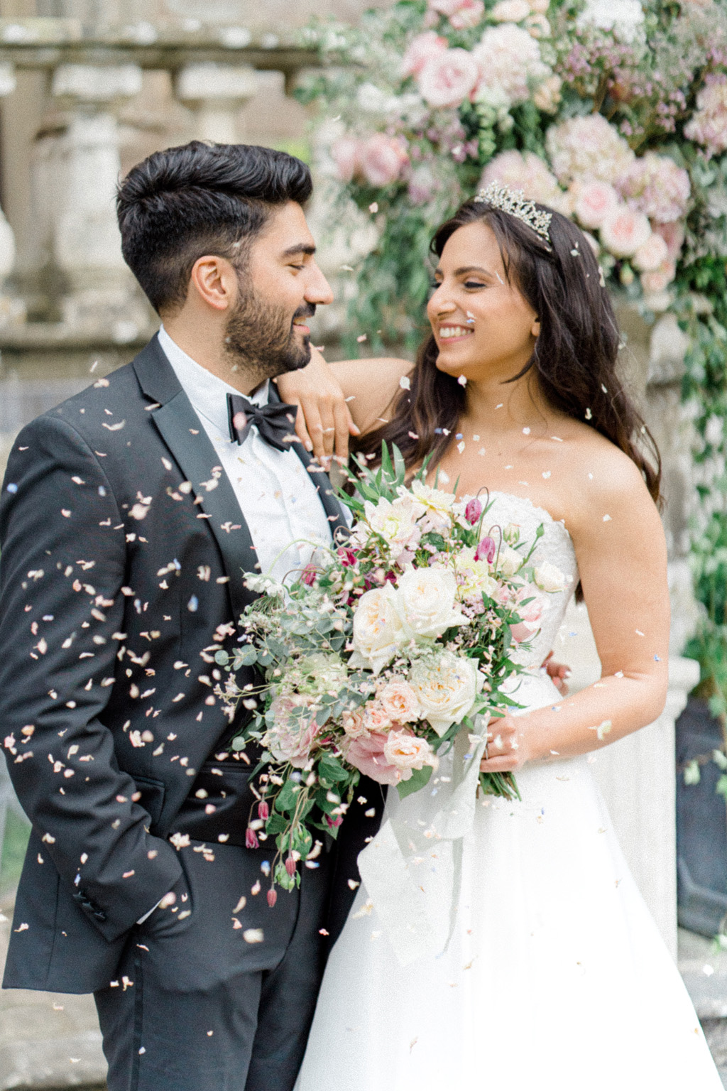 Clearwell Castle wedding blog bride and groom with table styling and extravagant styled florals