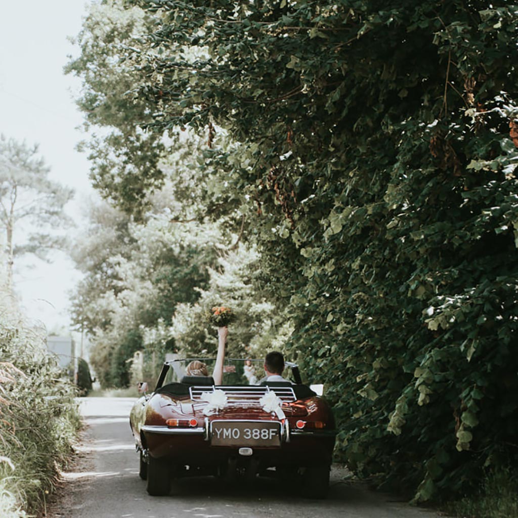 A wedding car with a couple sat inside drives along a tree lined avenue at Hengrave Hall in Suffolk. Captured by Beth Beresford Photography