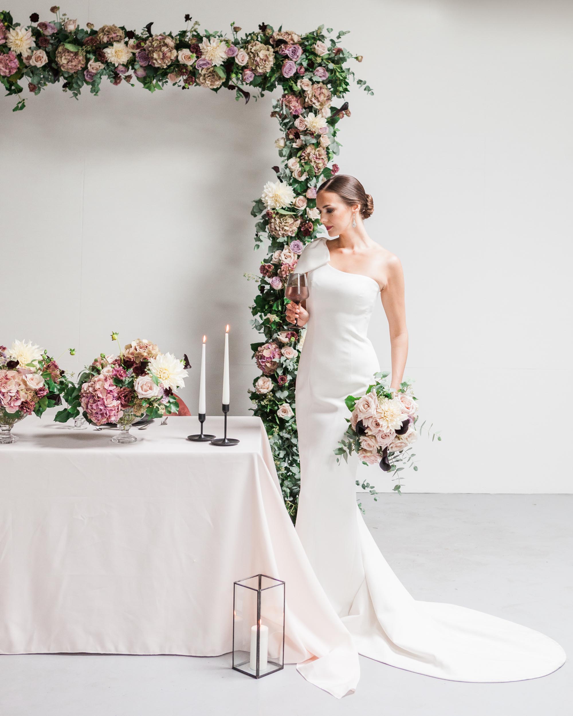 Delicate blush florals and striking monochrome stationery with a sleek designer dress. Captured by Amanda Karen Photography
