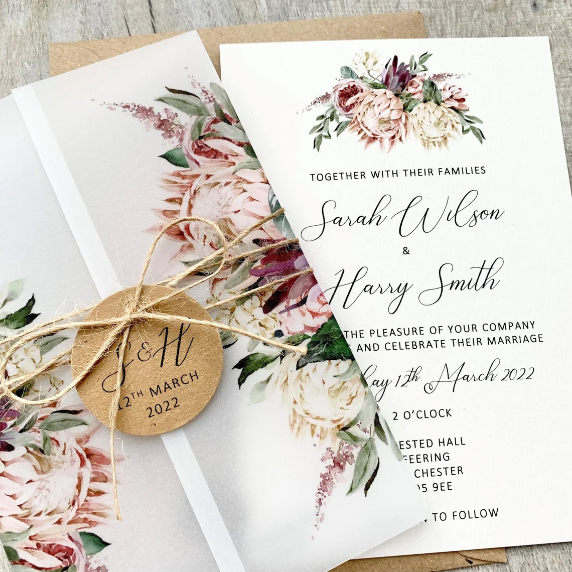 Protea wedding invitation by PumpkinWeddingDesign on Etsy