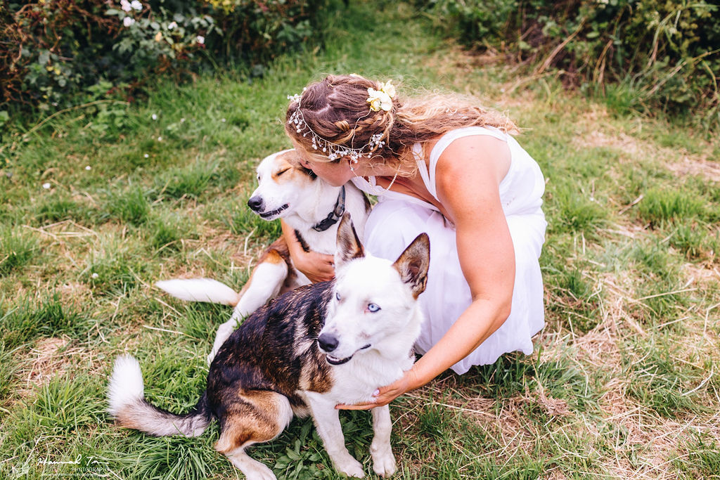 Bride with family dogs at her wedding - Hannah Timm Photography