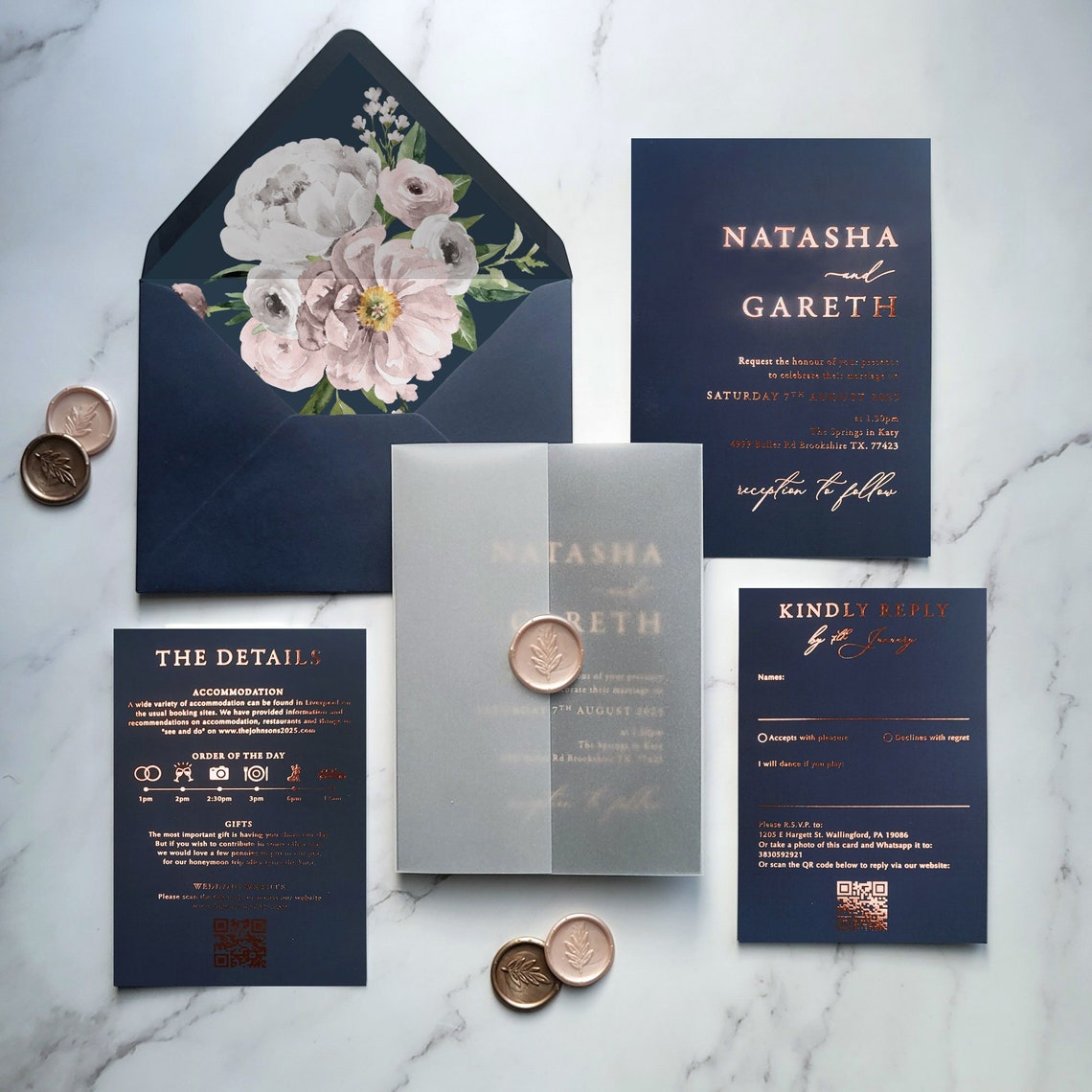 Navy and rose gold wedding invitation by Feelgood Invites