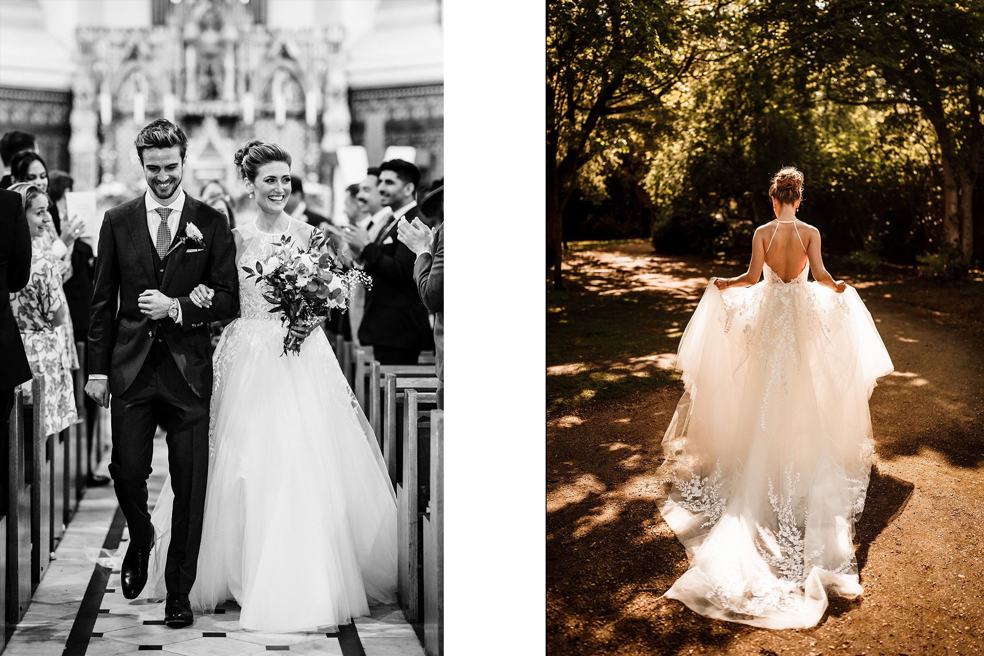 Two wedding images by Stephen Walker photography. A couple walk back down the aisle smiling and looking at their guests. A bride lifts the long skirt of her dress to walk in the sunlight.