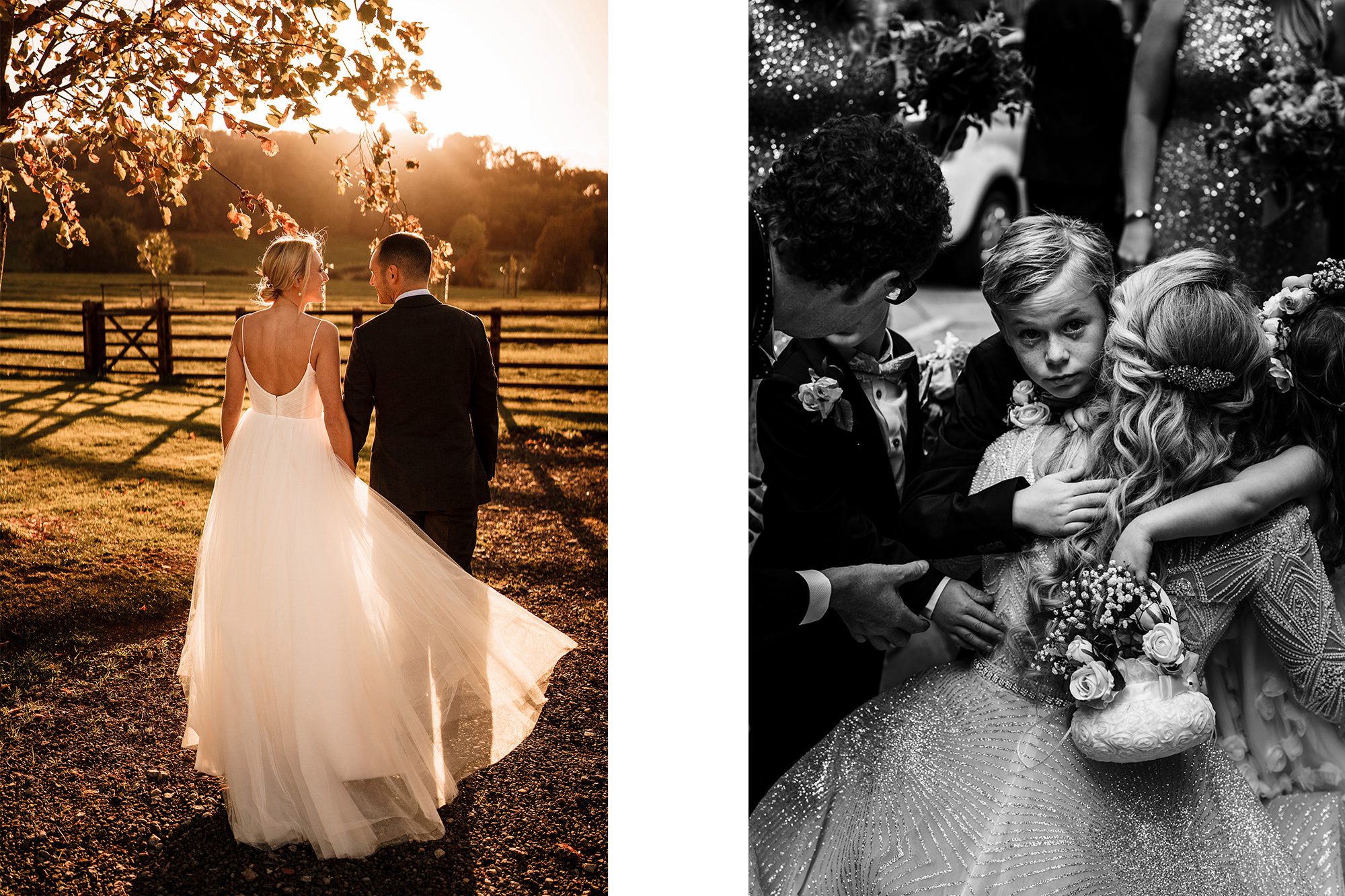 Two wedding images by Stephen Walker Photography. A couple stand beneath a tree looking towards the sun at golden hour. A bride cuddles children at the wedding.