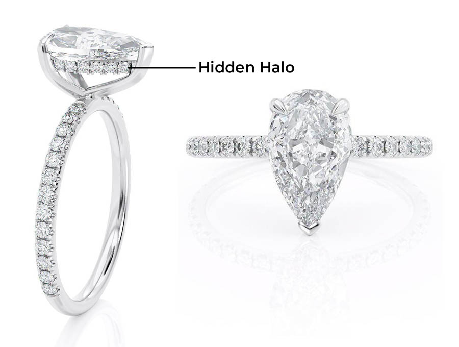 Pear cut moissanite engagement ring with hidden halo