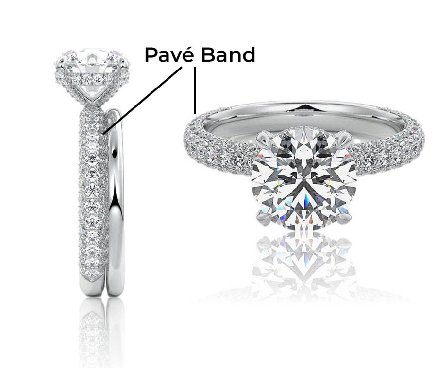 Round cut, moissanite engagement ring with Pavé band