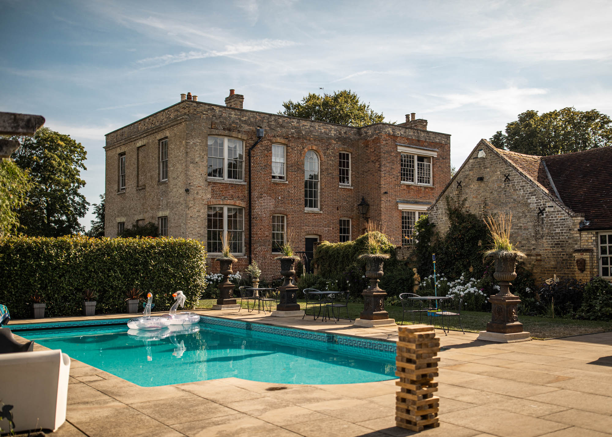 Bedfordshire manor house wedding venue Shortmead swimming pool view