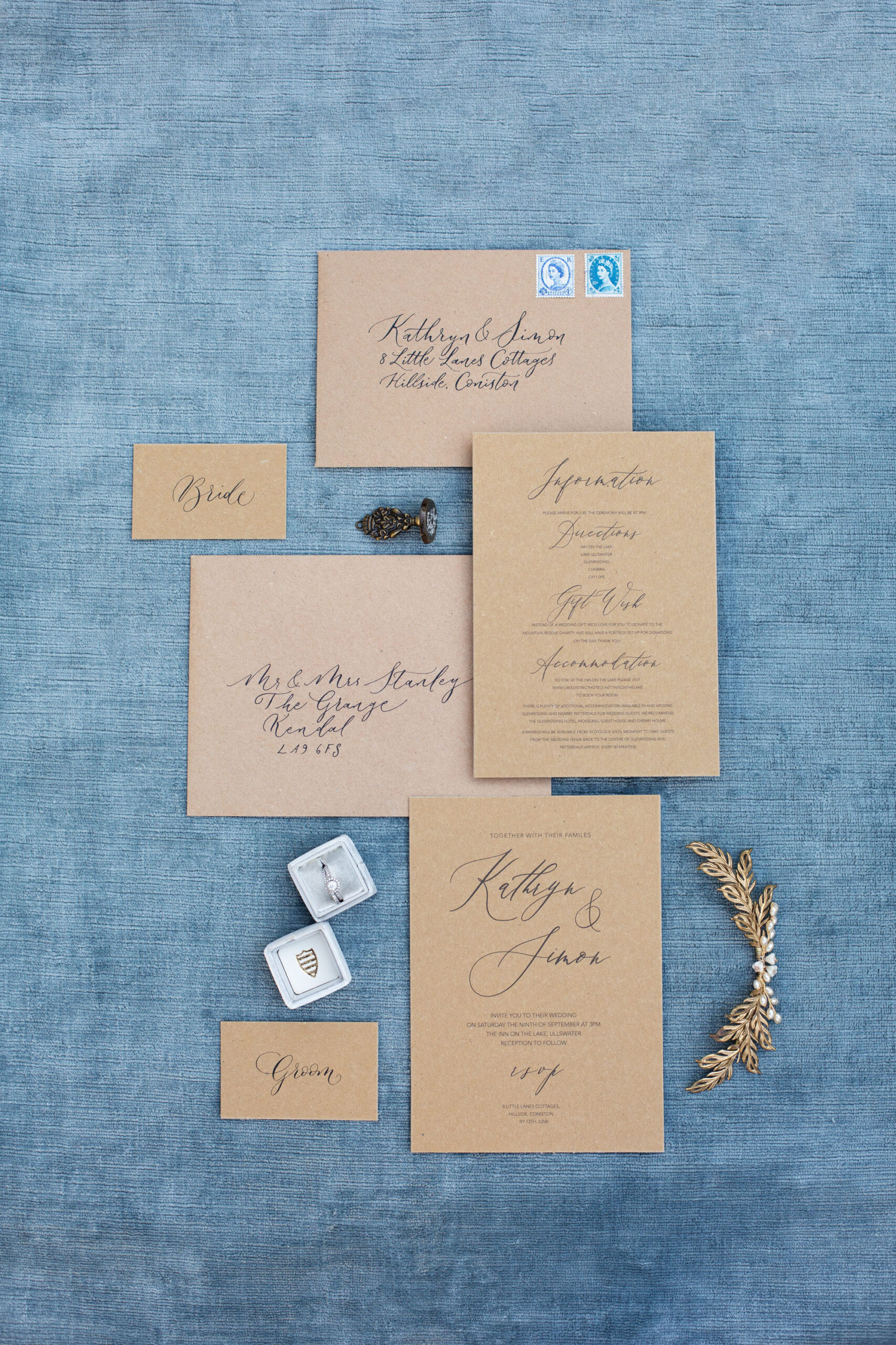Wedding stationery suite with calligraphy including envelope, invitation and styling touches. Captured by Jessica Reeve Photography