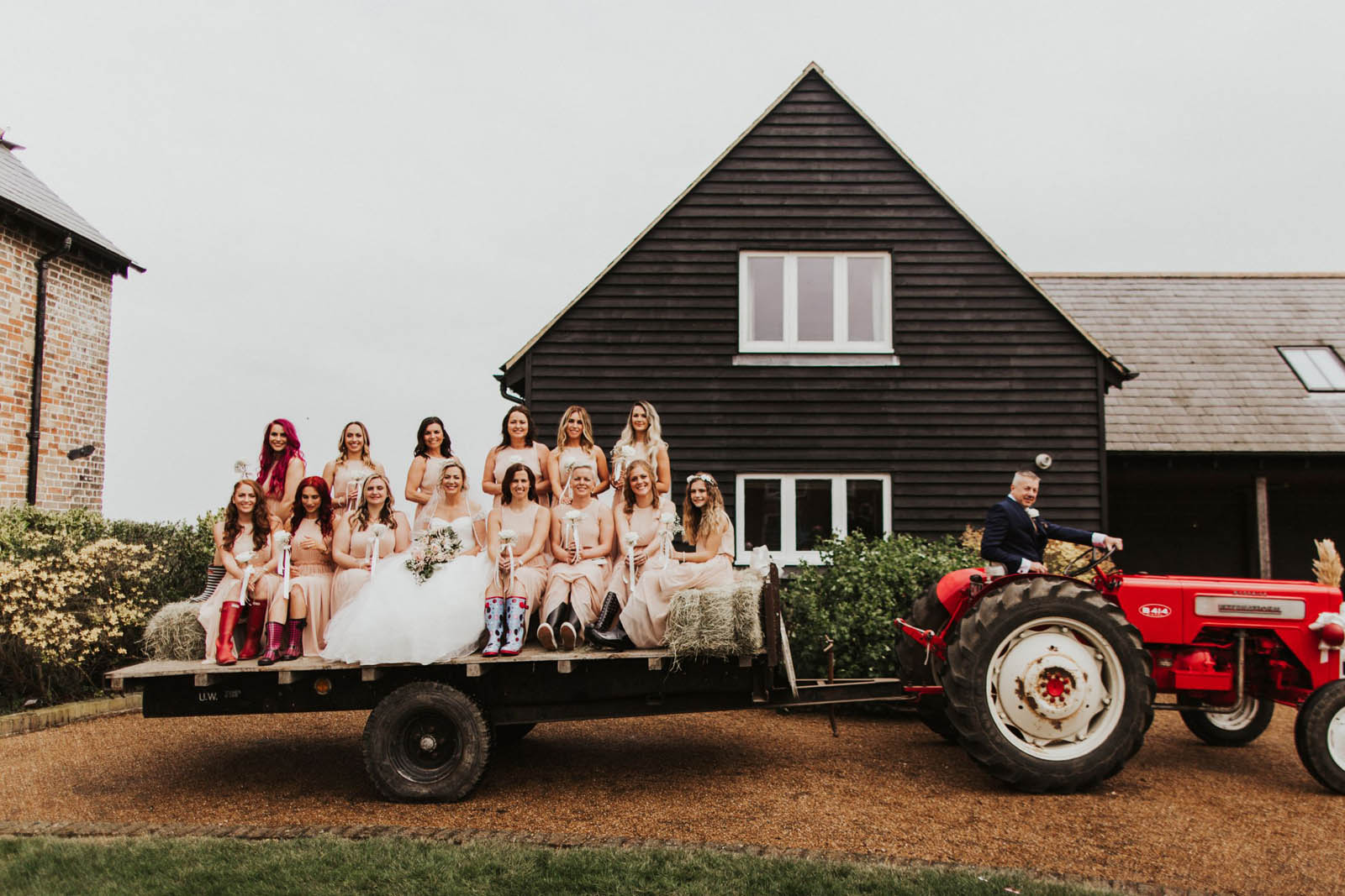Bridal party on a tractor trailer - Kent wedding venue