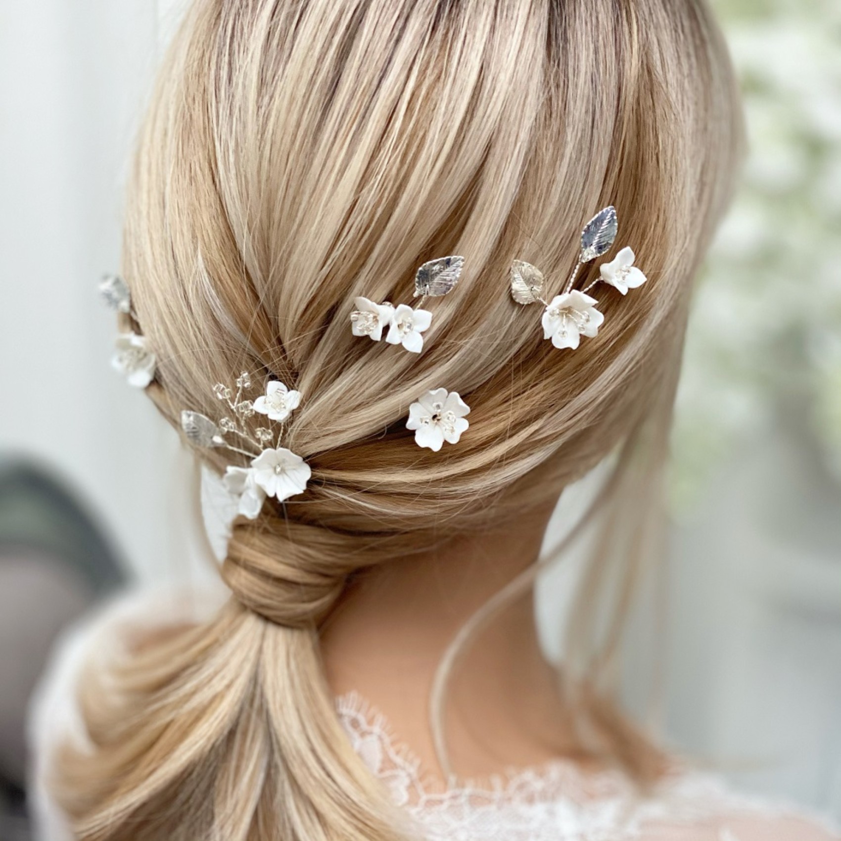 Porcelain flower boho hair pins for weddings