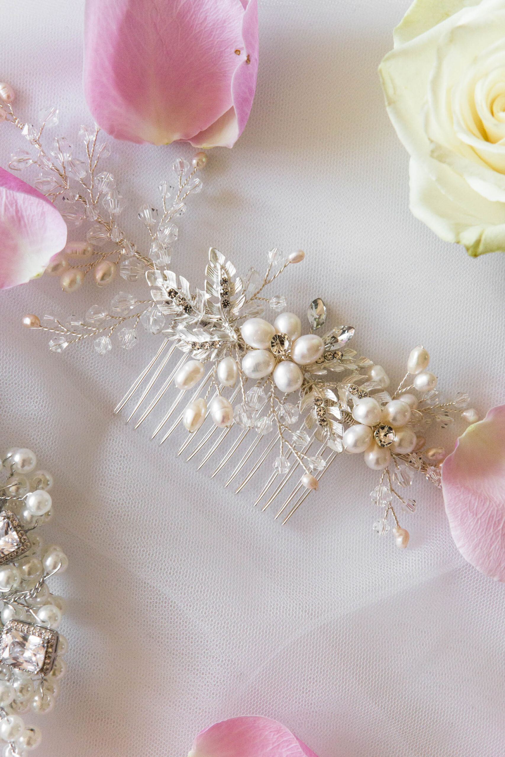 pearl hair crown for a bride by Emma Rose Jewellery