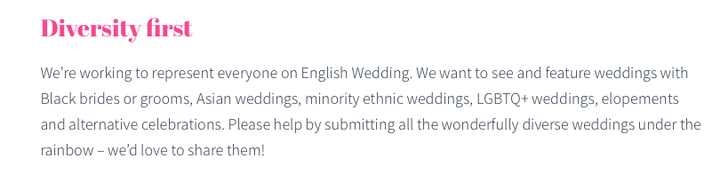 diversity first pledge for styled photoshoots on English Wedding blog