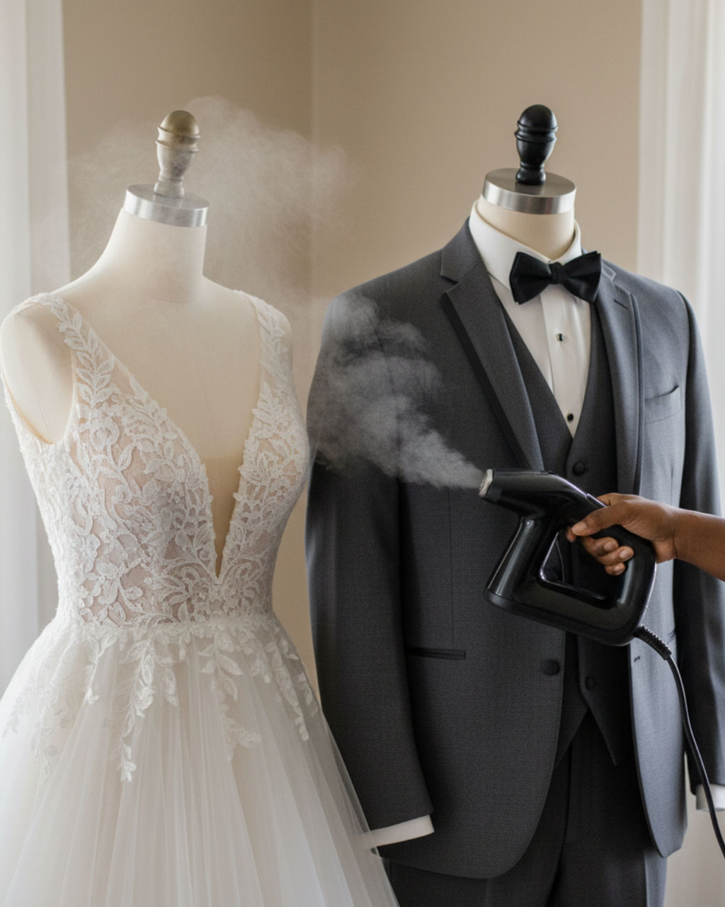 Wedding dress and suit on mannequins
