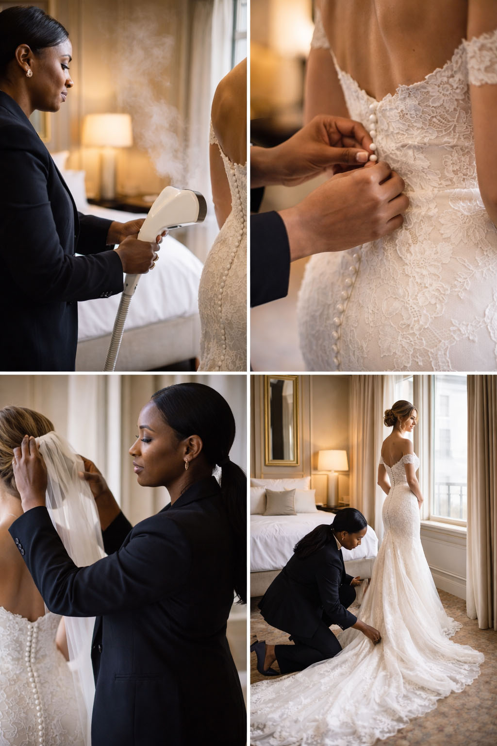 Collage of Silver working with a luxury wedding dress at a London hotel