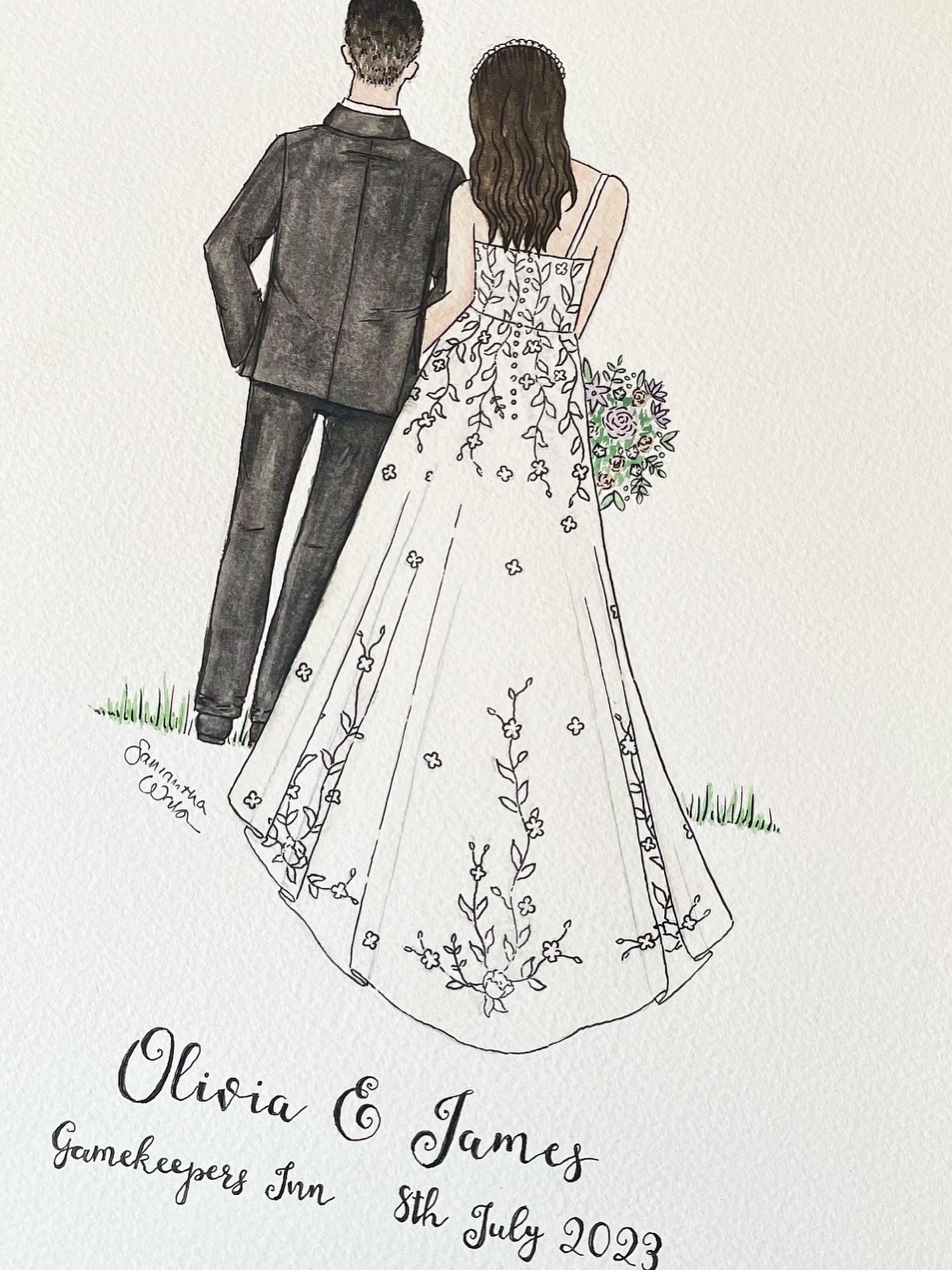Bespoke watercolour wedding illustration of a groom and bride by S Walsh Illustration Yorkshire and northern England