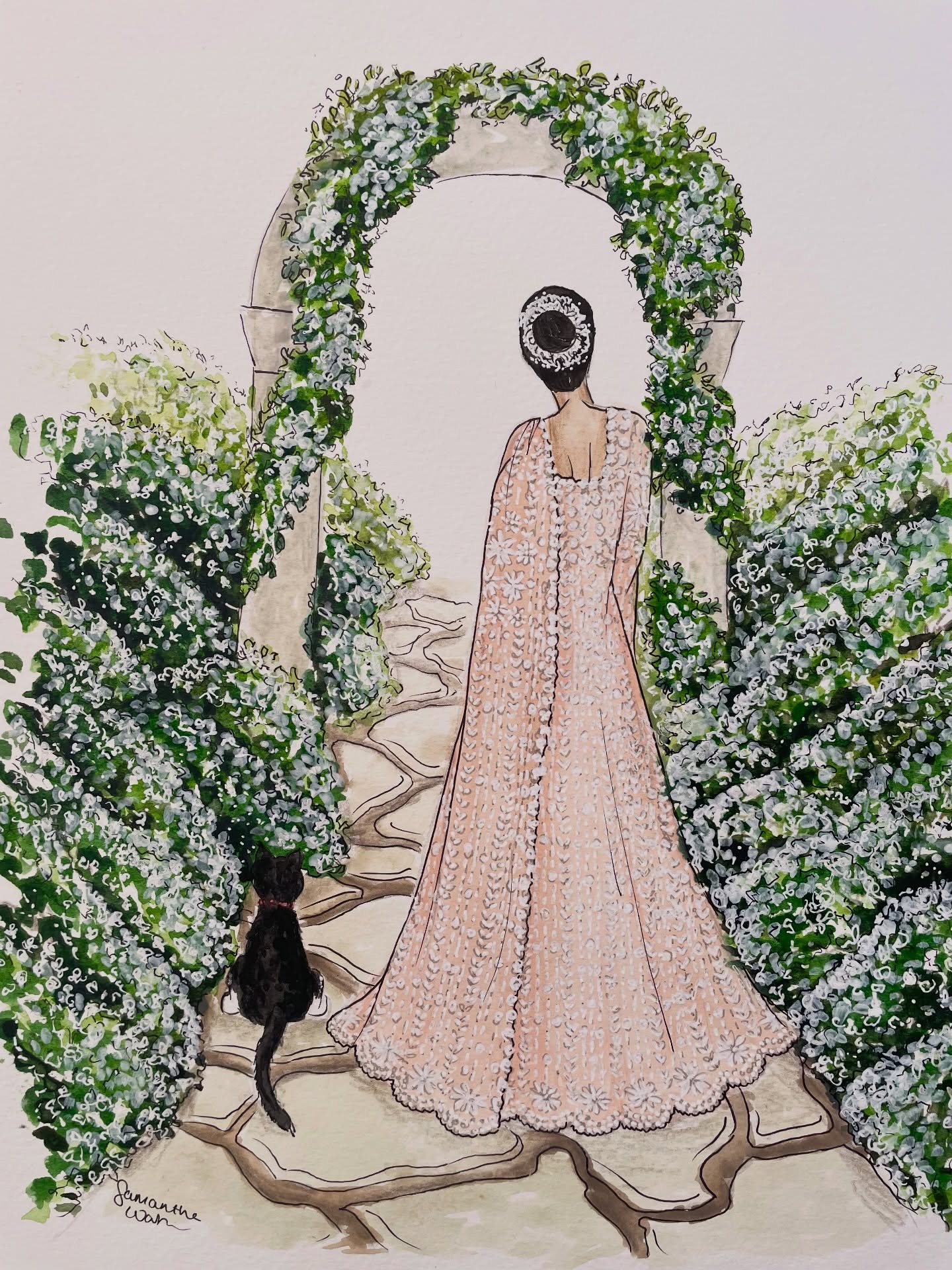 Custom bridal portrait in watercolour by S Walsh Illustration Yorkshire and northern England