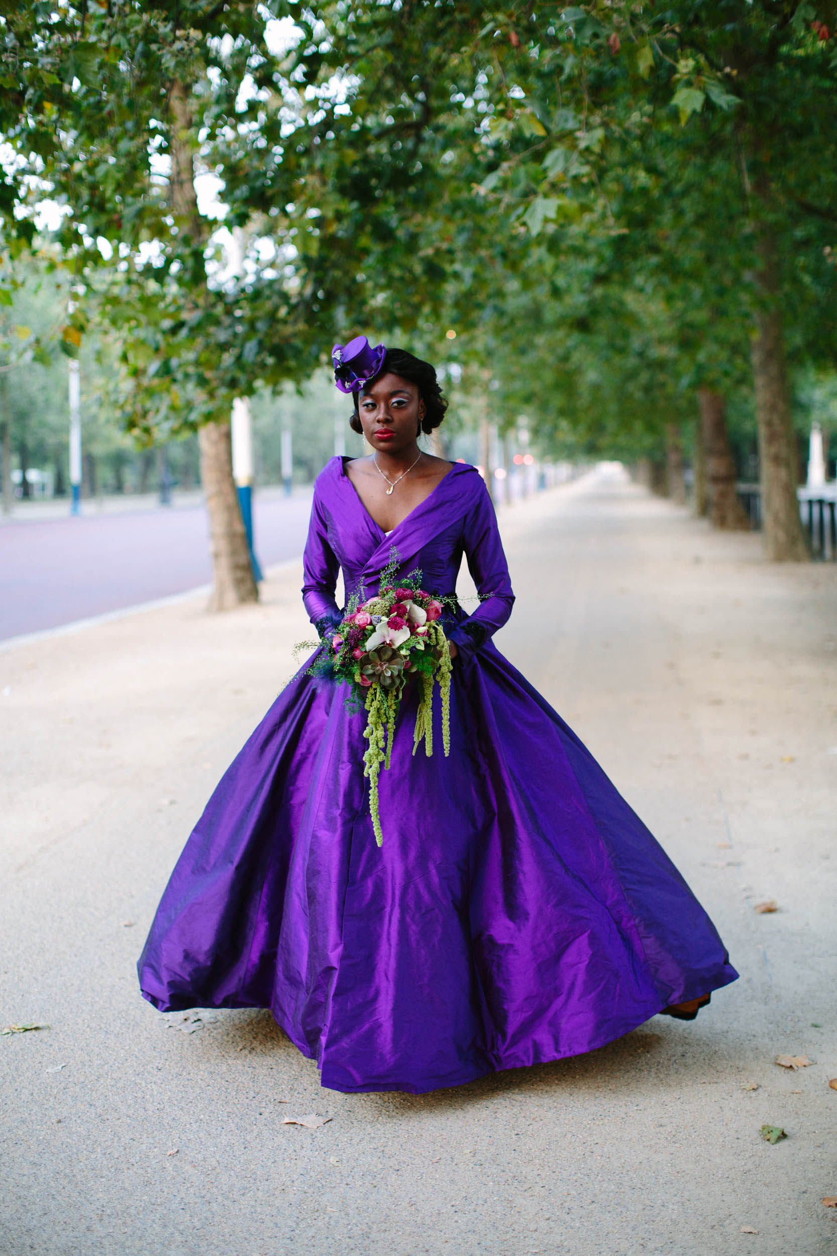 Purple silk bespoke coat wedding dress by Felicity Westmacott Bespoke Bridal in Dorking, Surrey | Jessica Jill Photo