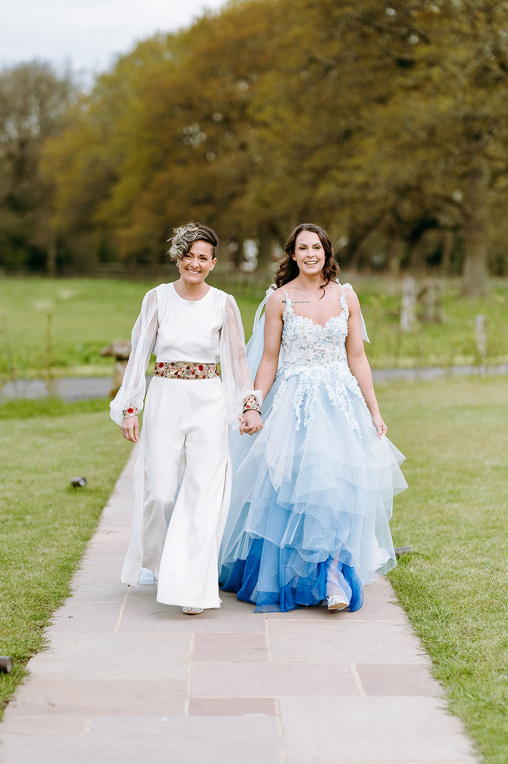 Blue floral wedding dress and trousers by Felicity Westmacott Bespoke Bridal in Dorking, Surrey | Chloe Martin Photography