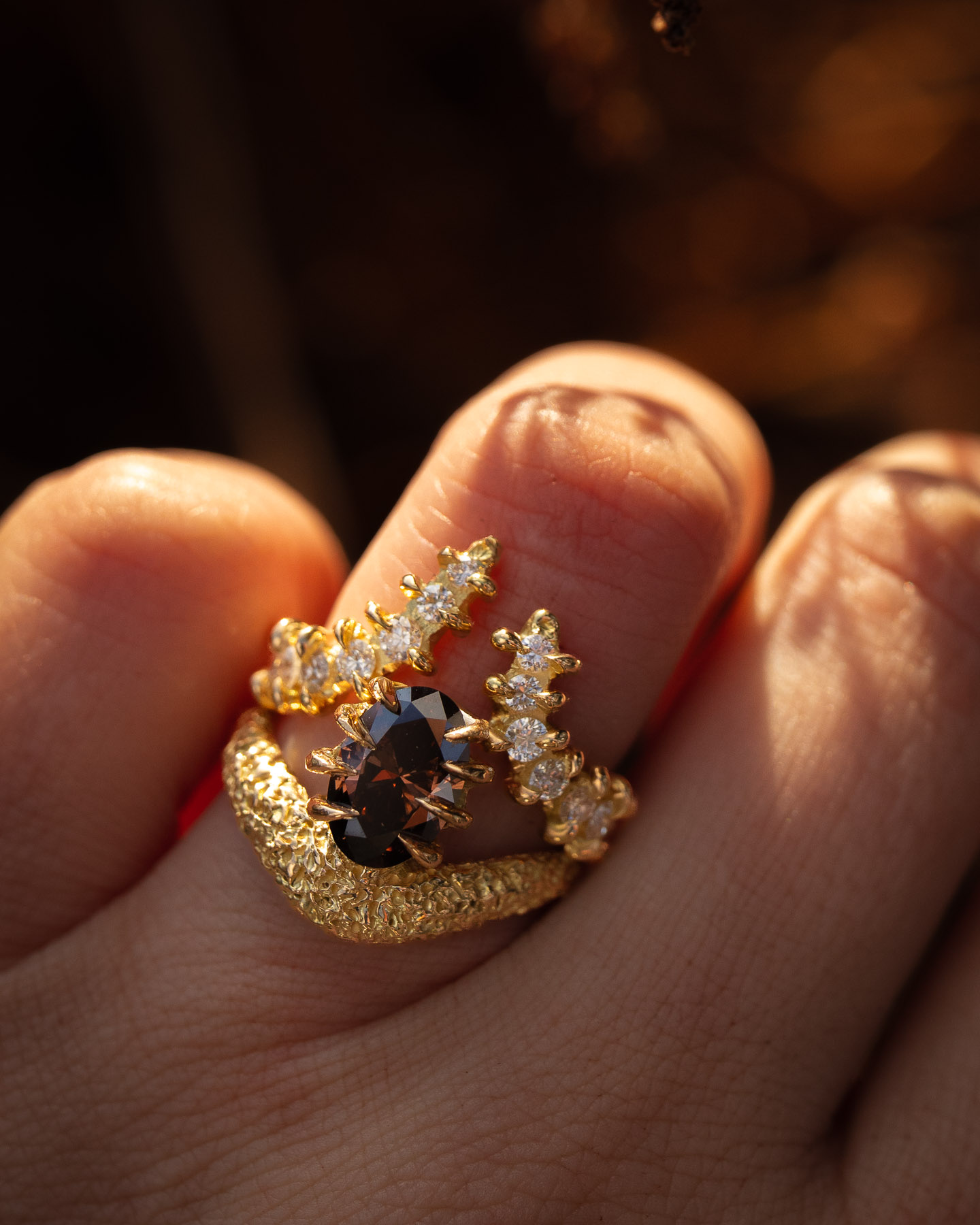 Stunning organic brown diamond solitaire 18 carat gold engagement ring by Philippa Davin Fine Jewelry
