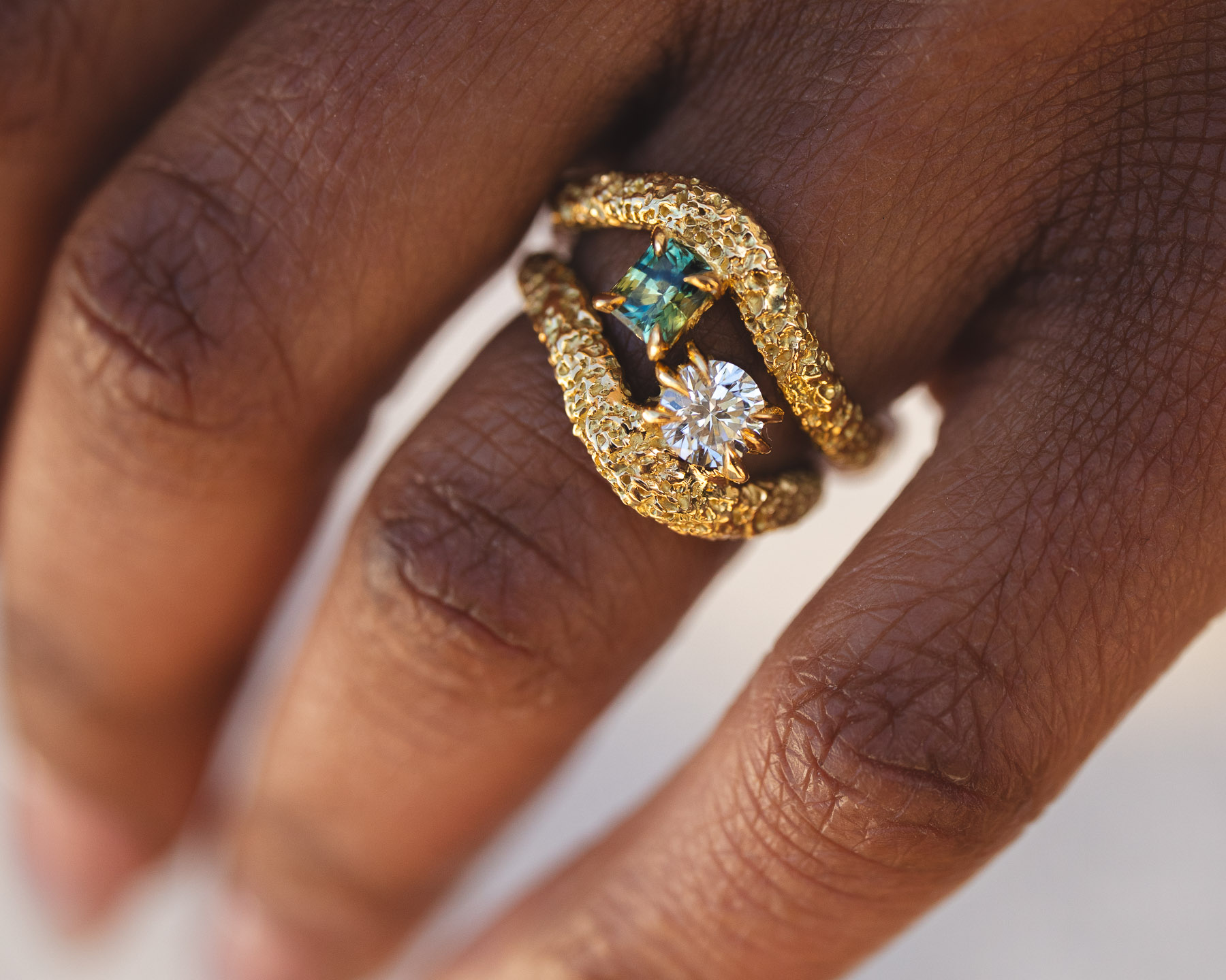 organic green sapphire and diamond 18 carat recycled gold engagement ring by Philippa Davin Fine Jewelry