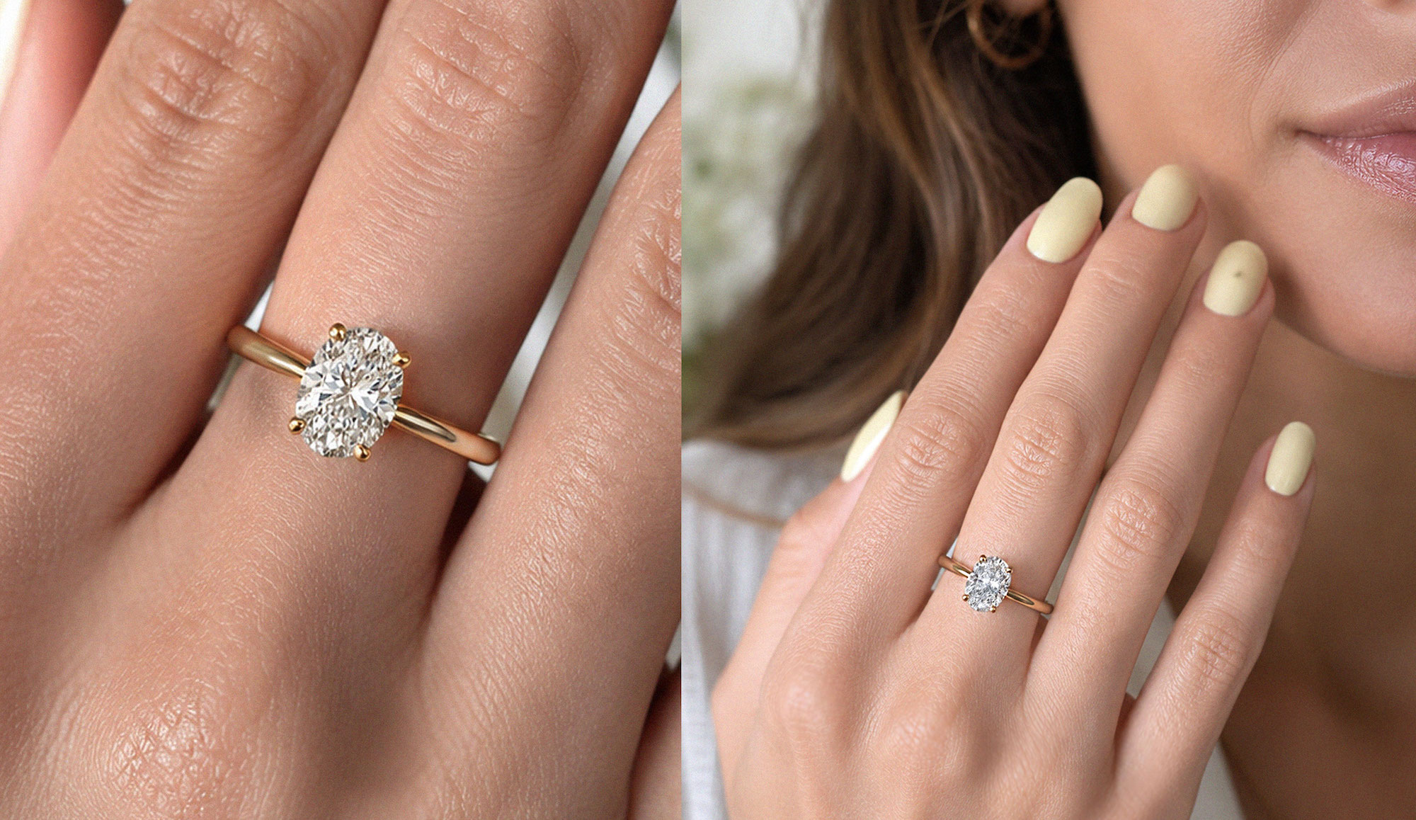 Hands wearing an elongated oval diamond ring with a narrow gold band - image shows close up and wider angle | Lena Cohen Fine Jewellery London